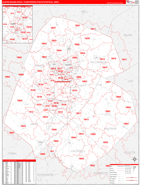 Austin-Round Rock Metro Area Digital Map Red Line Style